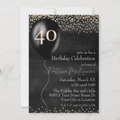 ブラックとゴールドのバルーン 40歳の誕生日 招待状 (正面)
