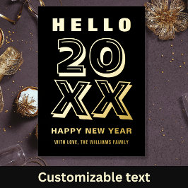 ブラックとゴールドのヘローハッピー新年タイポグラフィー 箔シーズンカード