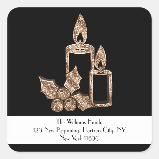 ブラックとゴールドのホーリー付きクリスマスキャンドル スクエアシール (正面)