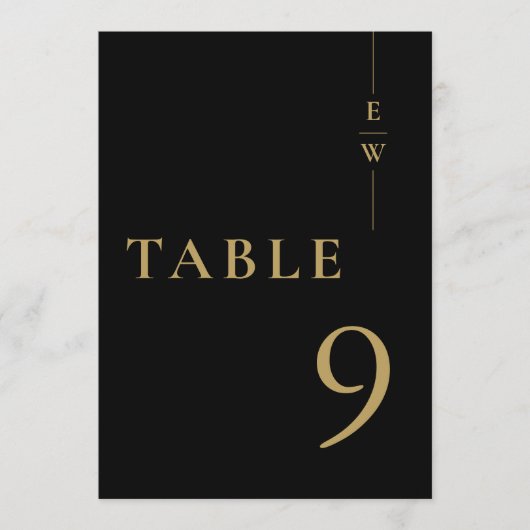 ブラックとゴールドのミニマルモノグラムテーブルナンバー 招待状 (正面)