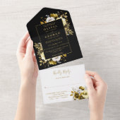 ブラックとゴールドのモダンな植物花の結婚式 オールインワン招待状 (貼ってはがせる)