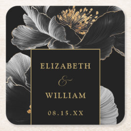 ブラックとゴールドのモダンな花をあしらったエレガントでおしゃれなウェディング スクエアペーパーコースター