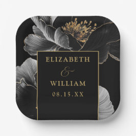 ブラックとゴールドのモダンな花をあしらったエレガントでおしゃれなウェディング ペーパープレート