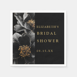 ブラックとゴールドのモダンな花柄 ブライダルシャワーのためのナプキン スタンダードカクテルナプキン