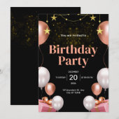 ブラックとゴールドのモダンな誕生日パーティー招待状 招待状 (正面/裏面)