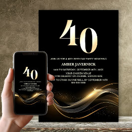 ブラックとゴールドのモダンな40歳の誕生日パーティー 招待状