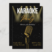 ブラックとゴールドのモダンカラオケ誕生日パーティー 招待状 (正面/裏面)