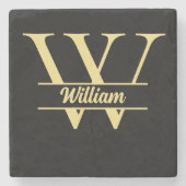 ブラックとゴールドのモノグラム | エレガントなイニシャルネーム ストーンコースター (正面)