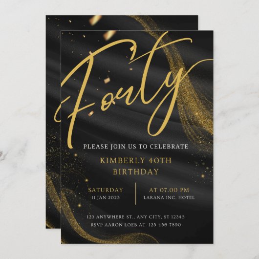 ブラックとゴールドのラグジュアリーエレガント40歳の誕生日パーティー 招待状 (正面/裏面)
