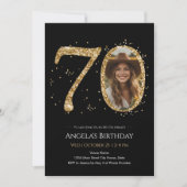 ブラックとゴールドのラメ 70歳の誕生日フォト 招待状 (正面)
