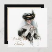 ブラックとゴールドのヴィンテージ ブライダル ティー シャワー 招待状 (正面/裏面)