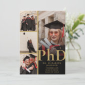 ブラックとゴールドの写真コラージュ PhD 卒業パーティー 招待状 (スタンド正面)