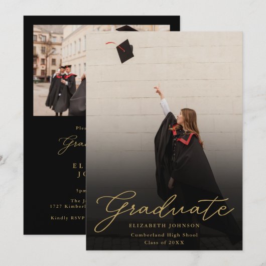 ブラックとゴールドの写真スクリプト 卒業パーティー 招待状 (正面/裏面)