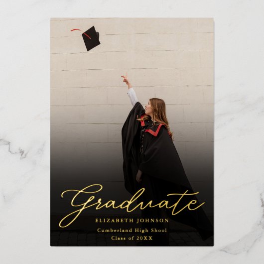 ブラックとゴールドの写真スクリプト 卒業パーティー 箔招待状 (正面)