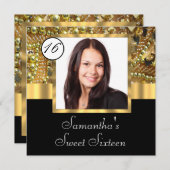 ブラックとゴールドの写真テンプレート スイート16 招待状 (正面/裏面)