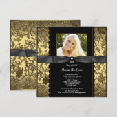 ブラックとゴールドの写真付き卒業証書 招待状 (正面/裏面)