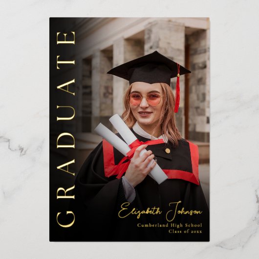 ブラックとゴールドの写真 卒業パーティー 箔招待状 (正面)