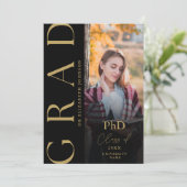 ブラックとゴールドの写真 PhD 卒業発表 招待状 (スタンド正面)