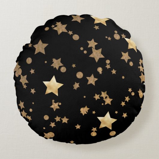ブラックとゴールドの天体星と水玉 ラウンドクッション (正面)