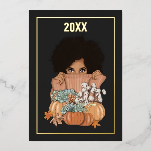 ブラックとゴールドの季節的な秋 - オータム 箔シーズンカード (正面)