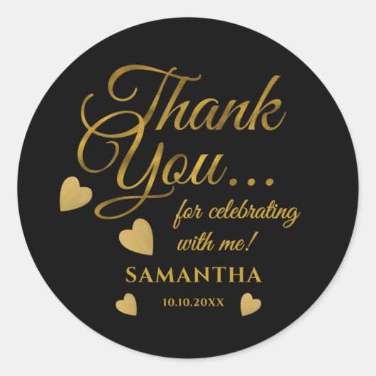 ブラックとゴールドの感謝 タイポグラフィーパーティーのお favors ラウンドシール (正面)