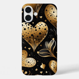 ブラックとゴールドの抽象的なバレンタインラブハート iPhone 16 PLUSケース