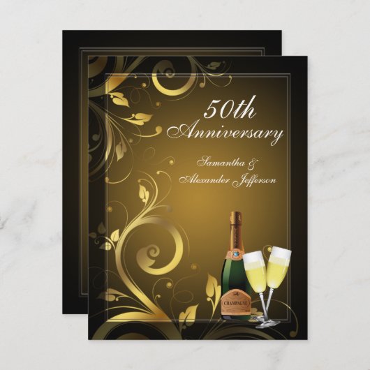 ブラックとゴールドの渦巻き カスタム 50周年パーティー 招待状 (正面/裏面)