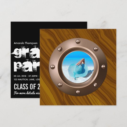 ブラックとゴールドの航海士卒業写真 招待状 (正面/裏面)