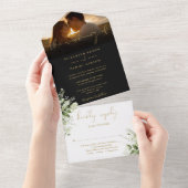 ブラックとゴールドの花と緑の結婚式の写真 オールインワン招待状 (貼ってはがせる)