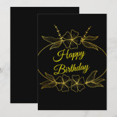 ブラックとゴールドの花柄の誕生日グリーティングカード 招待状 (正面/裏面)