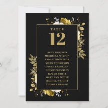 ブラックとゴールドの花柄テーブルナンバー席次表