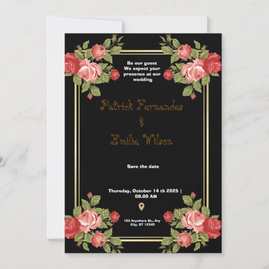  ブラックとゴールドの花柄 ウェディング招待状 招待状 (正面)