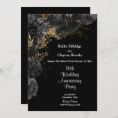 ブラックとゴールドの花柄 ウェディング アニバーサリー パーティー 招待状 (正面/裏面)