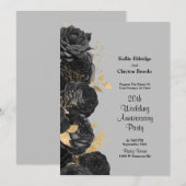 ブラックとゴールドの花柄 ウェディング アニバーサリー パーティー 招待状 (正面/裏面)
