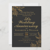 ブラックとゴールドの花模様の結婚記念日 招待状 (正面)