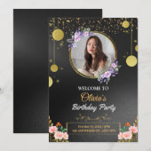 ブラックとゴールドの花模様の誕生日パーティー招待状 招待状 (正面/裏面)