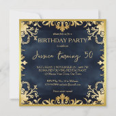 ブラックとゴールドの装飾的な誕生日パーティーのおしゃれなデザイン 招待状 (正面)