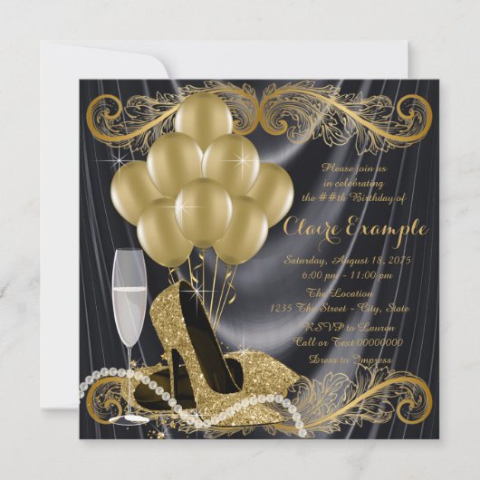 ブラックとゴールドの誕生日パーティー ハリウッドの豪華さ 招待状 (正面)