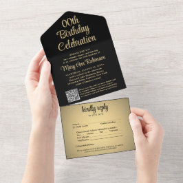ブラックとゴールドの誕生日パーティーQRコードRSVP オールインワン招待状