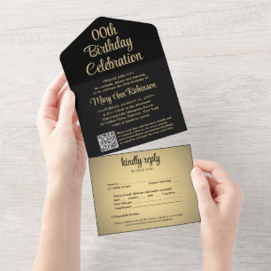 ブラックとゴールドの誕生日パーティーQRコードRSVP オールインワン招待状
