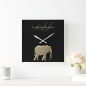 ブラックとゴールドの象のモノグラム スクエア壁時計 (ホーム)