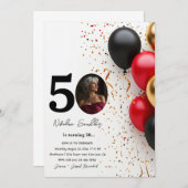 ブラックとゴールドの赤い風船 50歳の誕生日パーティー 招待状 (正面/裏面)