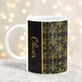 ブラックとゴールドの雪の結晶 クリスマスマグ 名前入り コーヒーマグカップ