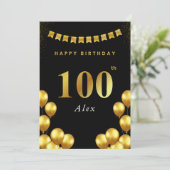 ブラックとゴールドの風船の100歳の誕生日カード カード (スタンド正面)