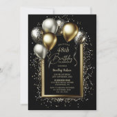 ブラックとゴールドの風船　あらゆる年齢の誕生日 招待状 (正面)