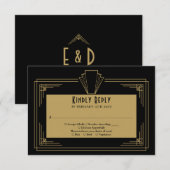 ブラックとゴールドの1920年代アールデコウェディング 出欠カード (正面/裏面)