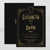 ブラックとゴールドの1920年代アールデコモノグラムウェディング 招待状 (正面/裏面)