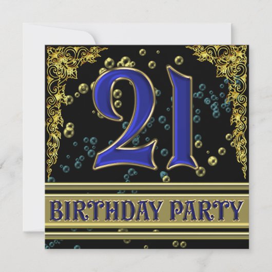 ブラックとゴールドの21歳の誕生日パーティー 招待状 (正面)