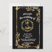 ブラックとゴールドの3Dテキストエフェクト　結婚式のご案内 招待状 (正面)