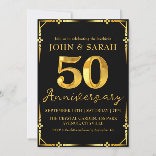 ブラックとゴールドの50周年パーティー招待状 招待状 (正面)